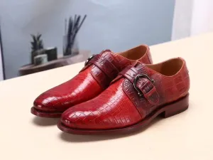 Crocodile Shoes Red Mens Shoes Genuine Leather Monk Shoes ,Goodyear Sole