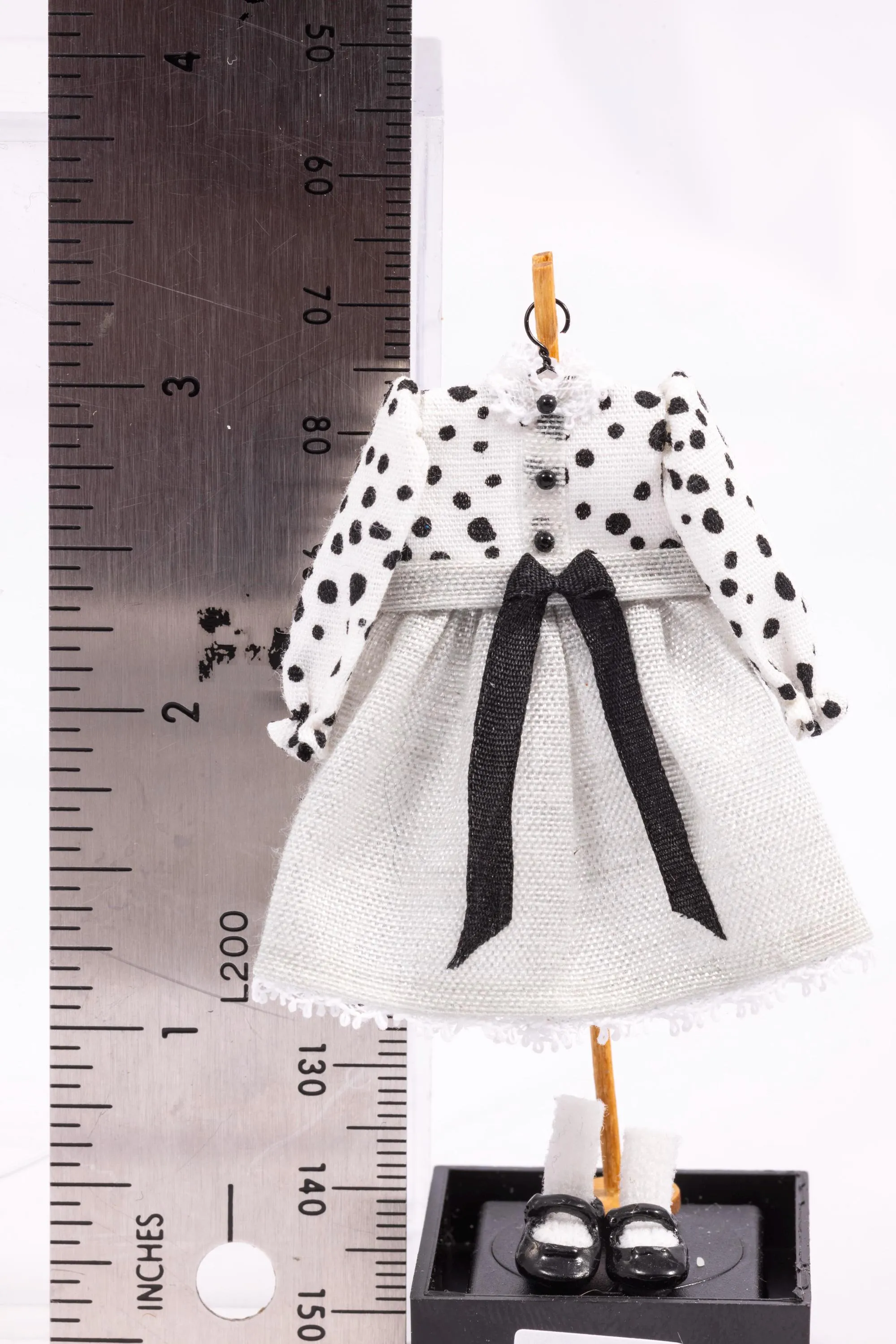 Dollhouse Miniature ~ Black & White Little Girl's Dress with White Socks and Shoes on Wooden Clothes Stand by Cheryl Warder Artisan Made