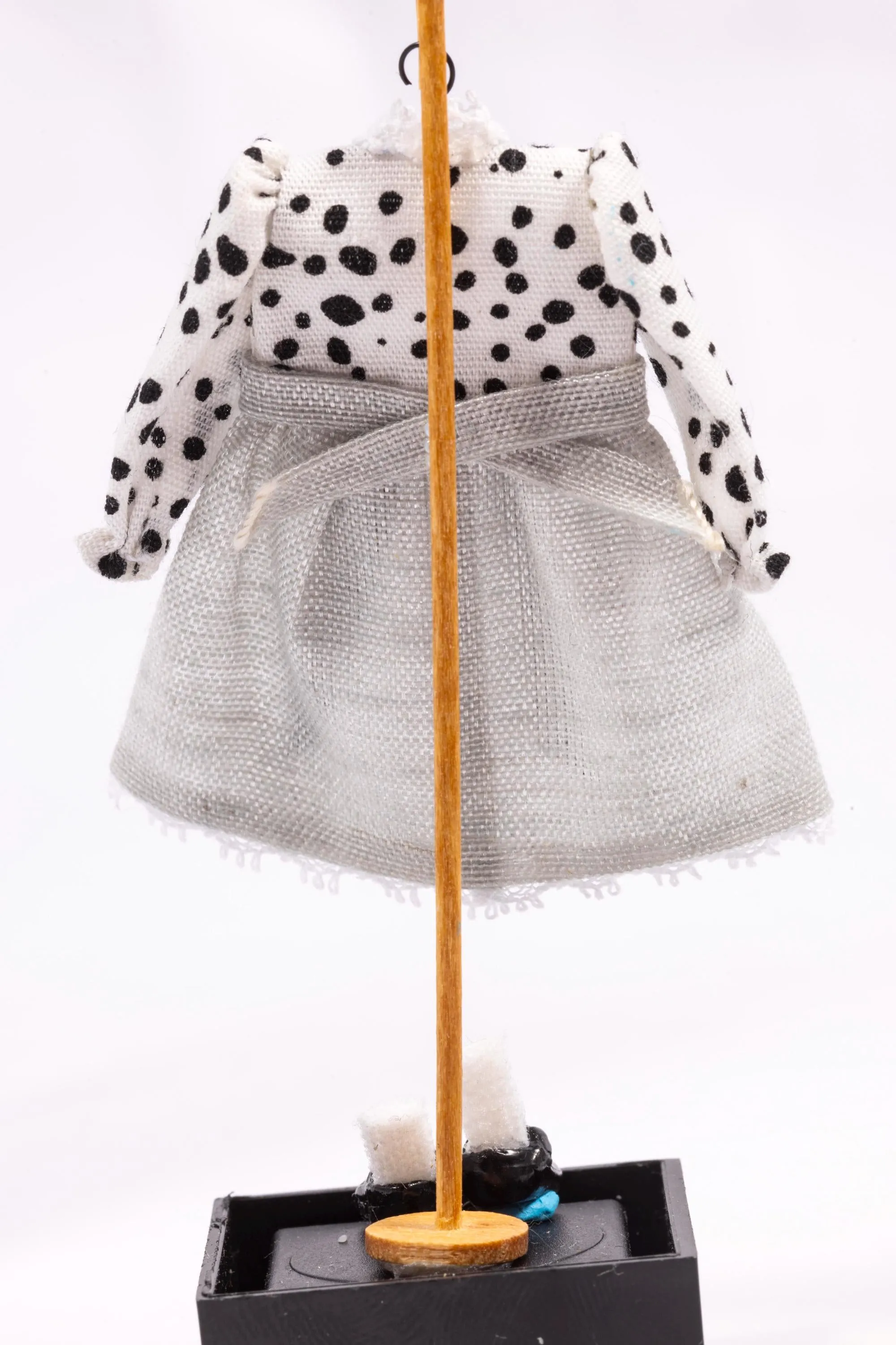Dollhouse Miniature ~ Black & White Little Girl's Dress with White Socks and Shoes on Wooden Clothes Stand by Cheryl Warder Artisan Made