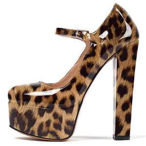 Eldof Women's Round Toe Platform Pumps Block Chunky High Heel Pumps Mary Jane Closed Toe Sexy Party Dress Shoes Leopard US 7.5