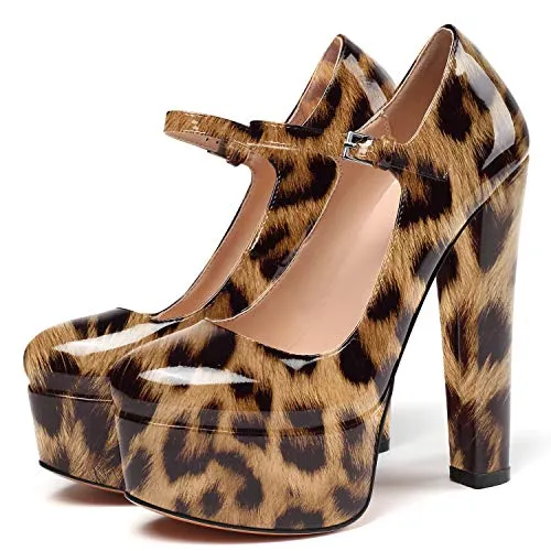 Eldof Women's Round Toe Platform Pumps Block Chunky High Heel Pumps Mary Jane Closed Toe Sexy Party Dress Shoes Leopard US6