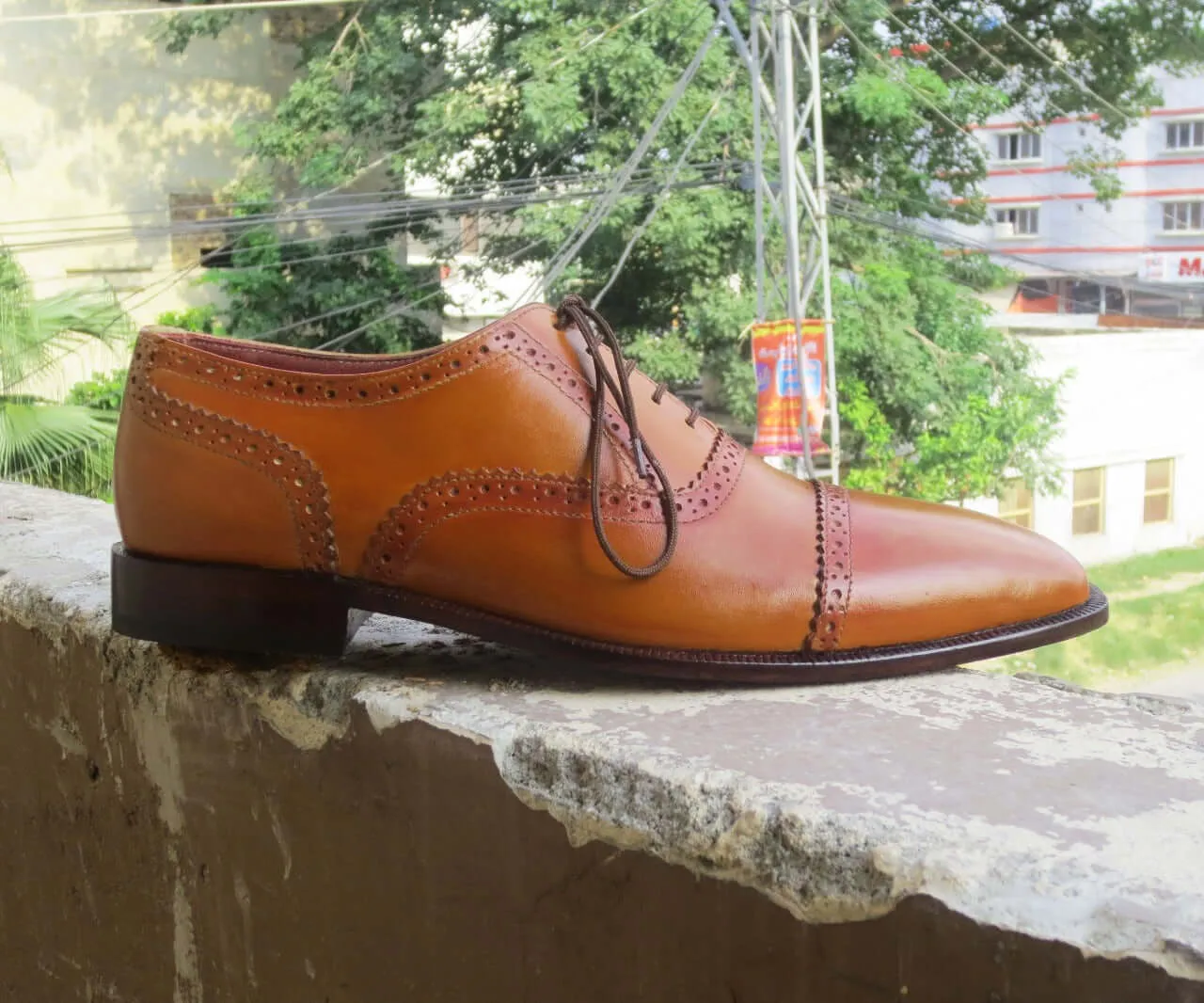 Elegant Design Handmade Men's Leather Tan Color Oxford Dress Lace Up Shoes