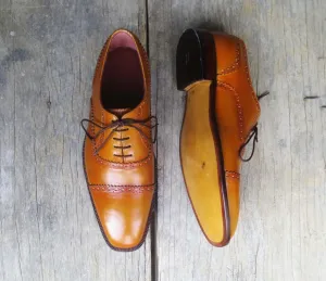 Elegant Design Handmade Men's Leather Tan Color Oxford Dress Lace Up Shoes