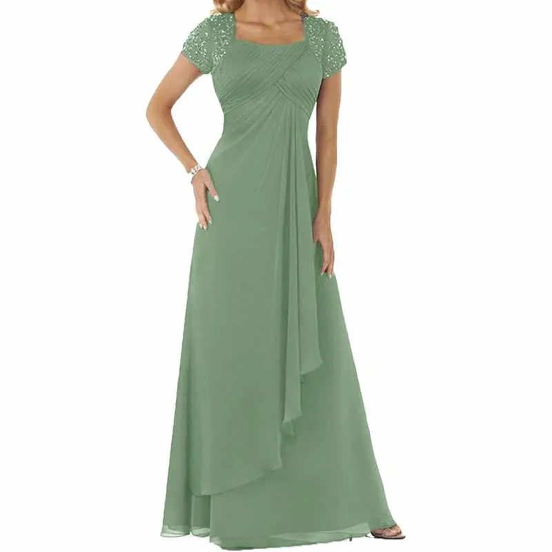 Evening Dress Chiffon Long Mother of the Bride Dress Short Sleeve Folding Wedding Guest Dress