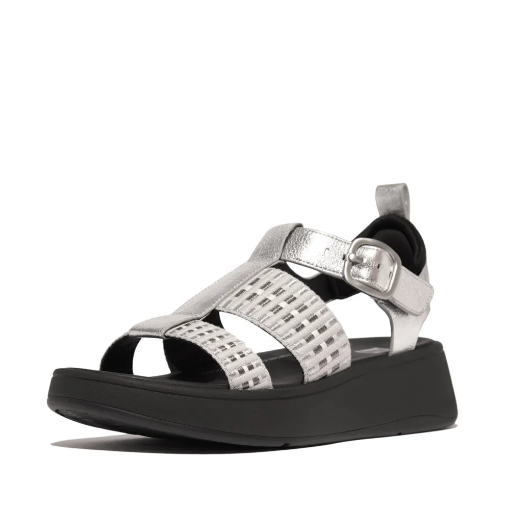 F-MODE Metallic-Leather/Webbing Flatform Fisherman Sandal