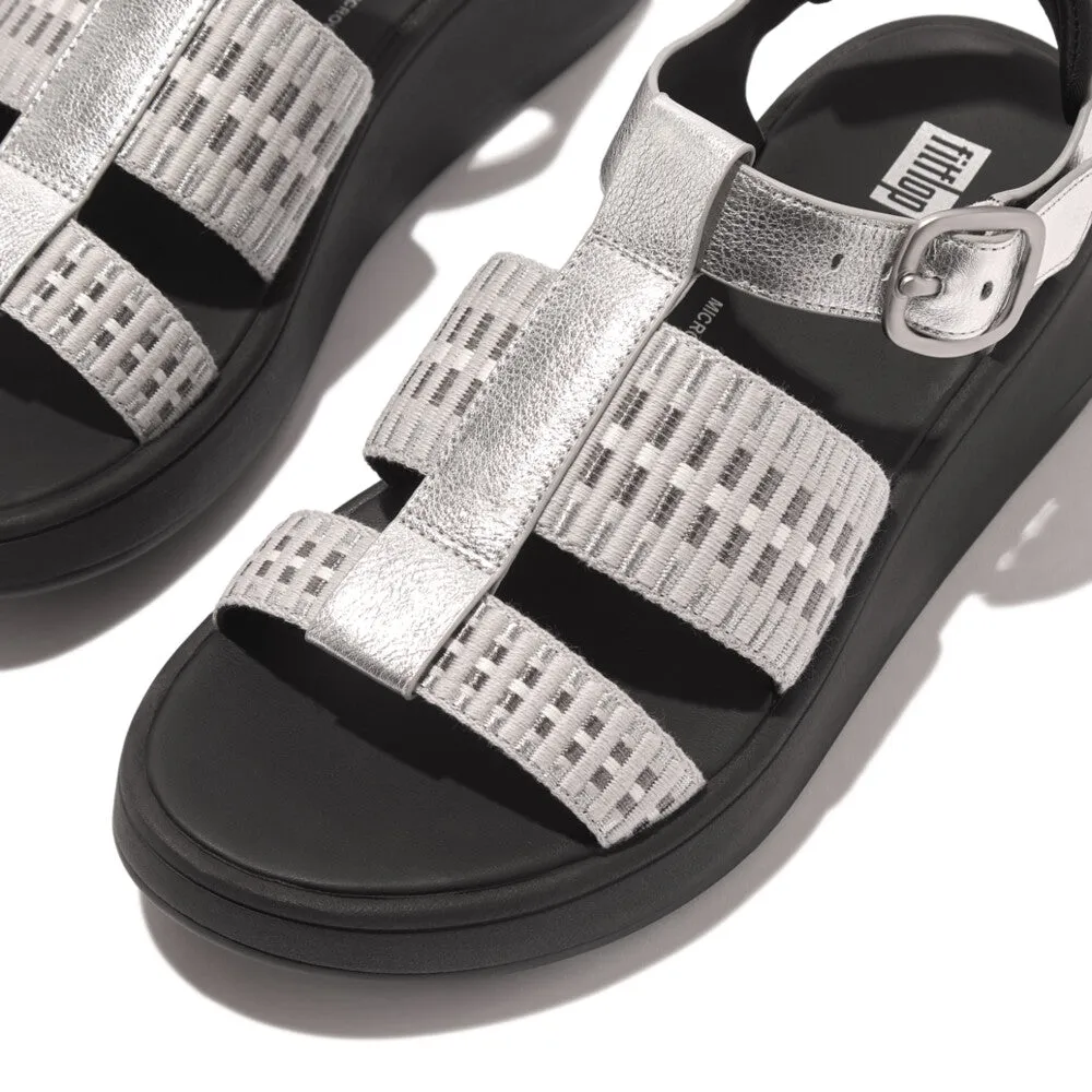 F-MODE Metallic-Leather/Webbing Flatform Fisherman Sandal