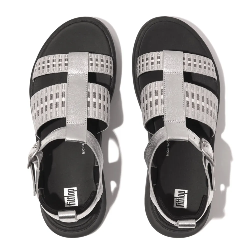 F-MODE Metallic-Leather/Webbing Flatform Fisherman Sandal