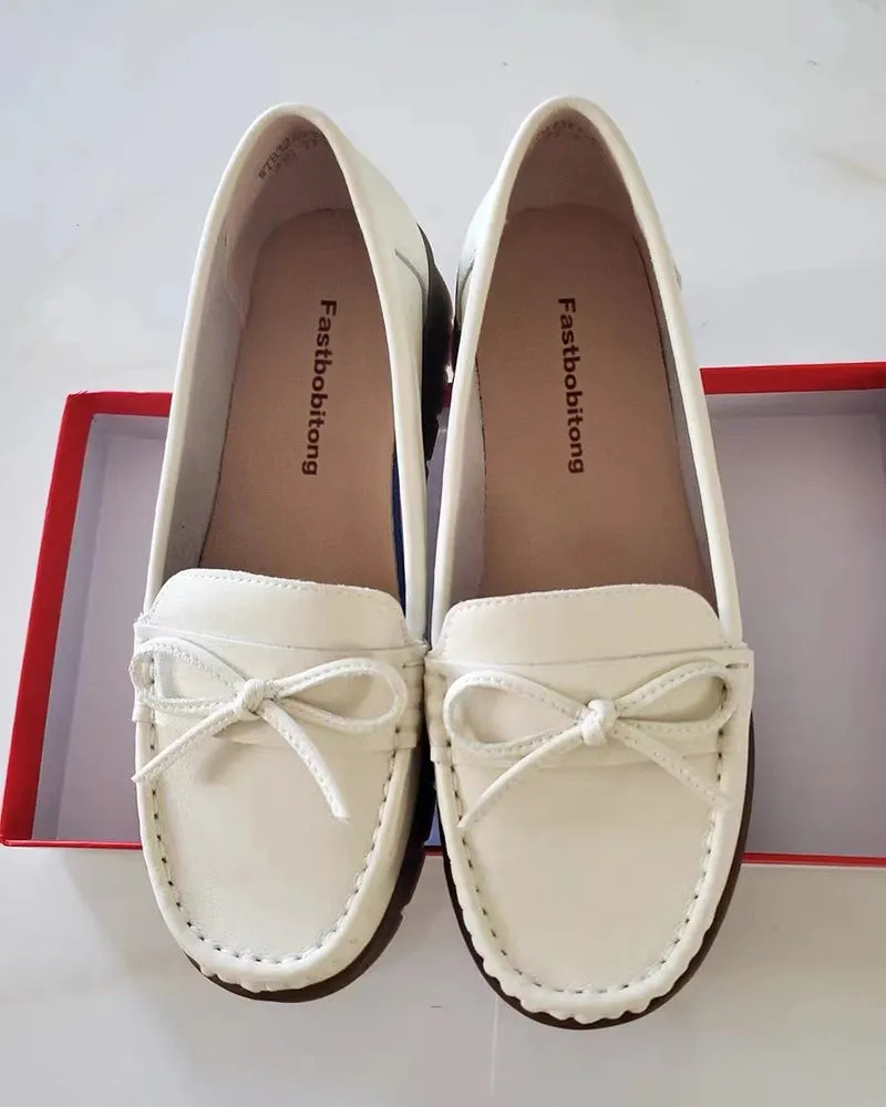 Fastbobitong Women's Faux Leather Ballet Flats Casual Round Toe Bow