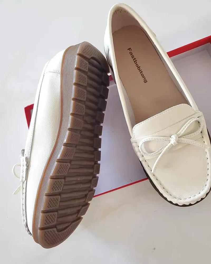 Fastbobitong Women's Faux Leather Ballet Flats Casual Round Toe Bow