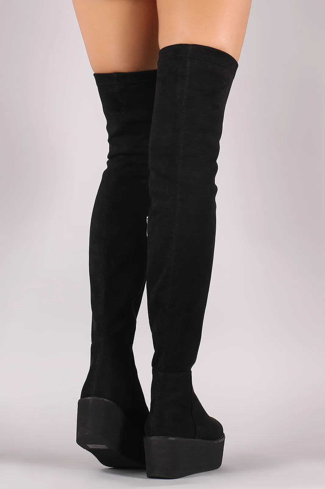 Faux Suede Thigh High Lug Sole Flatform Boots