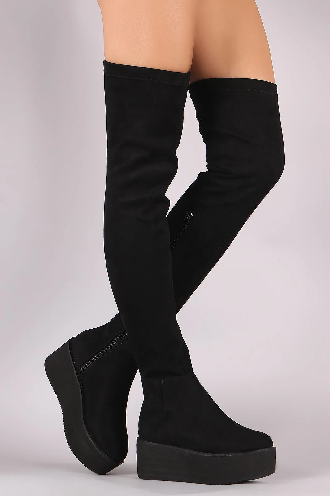 Faux Suede Thigh High Lug Sole Flatform Boots
