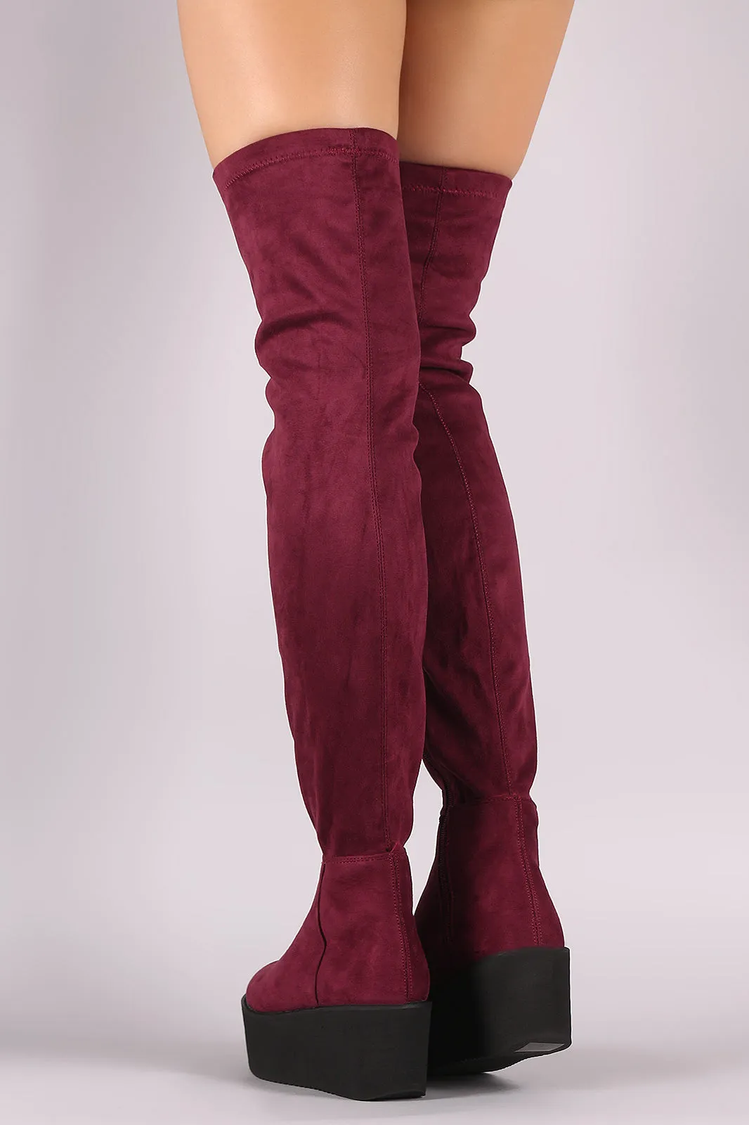 Faux Suede Thigh High Lug Sole Flatform Boots