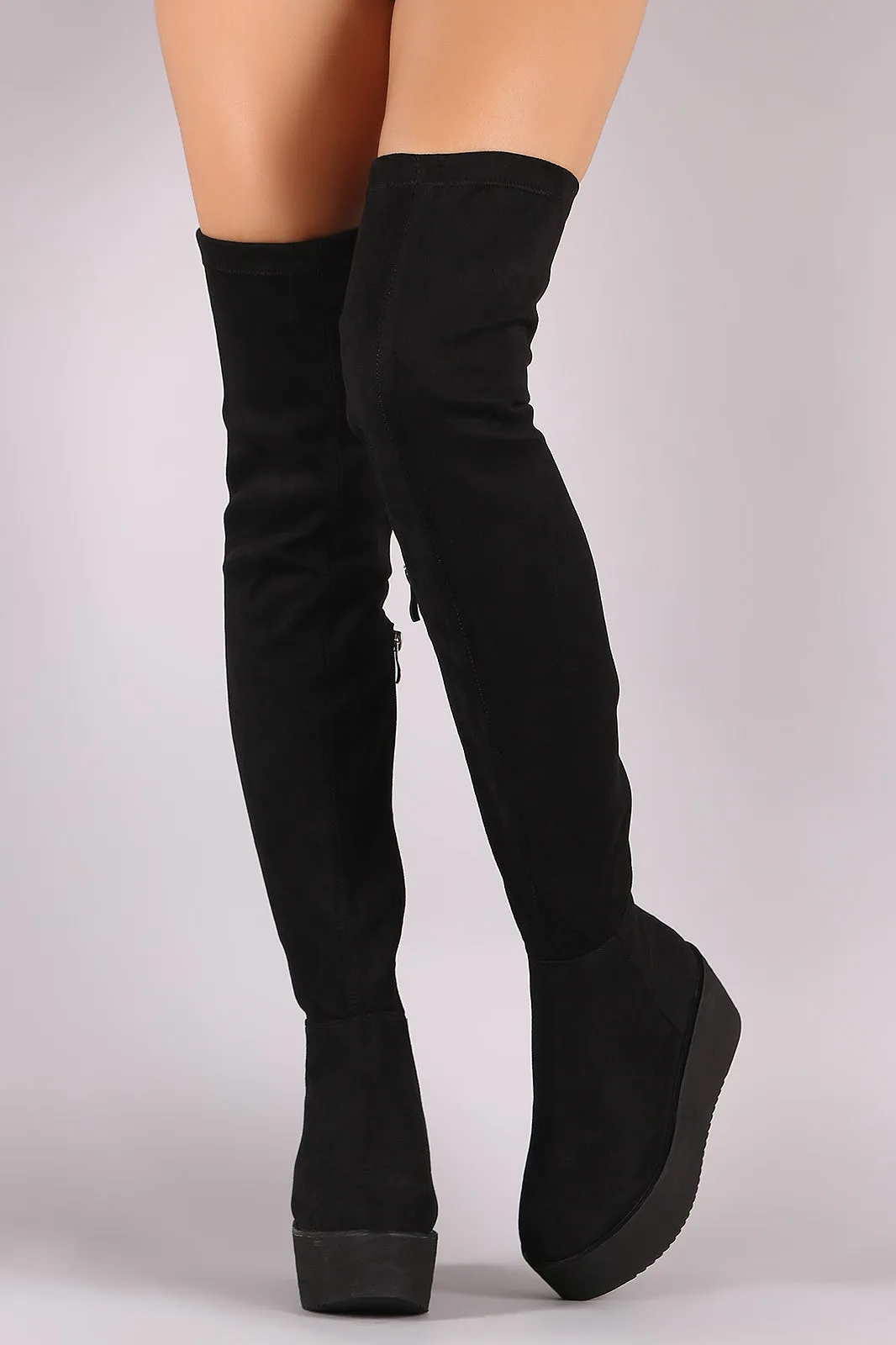 Faux Suede Thigh High Lug Sole Flatform Boots