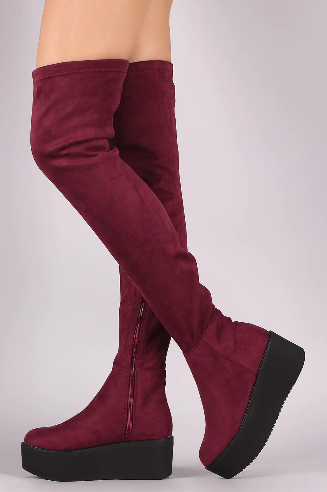 Faux Suede Thigh High Lug Sole Flatform Boots