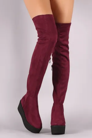 Faux Suede Thigh High Lug Sole Flatform Boots