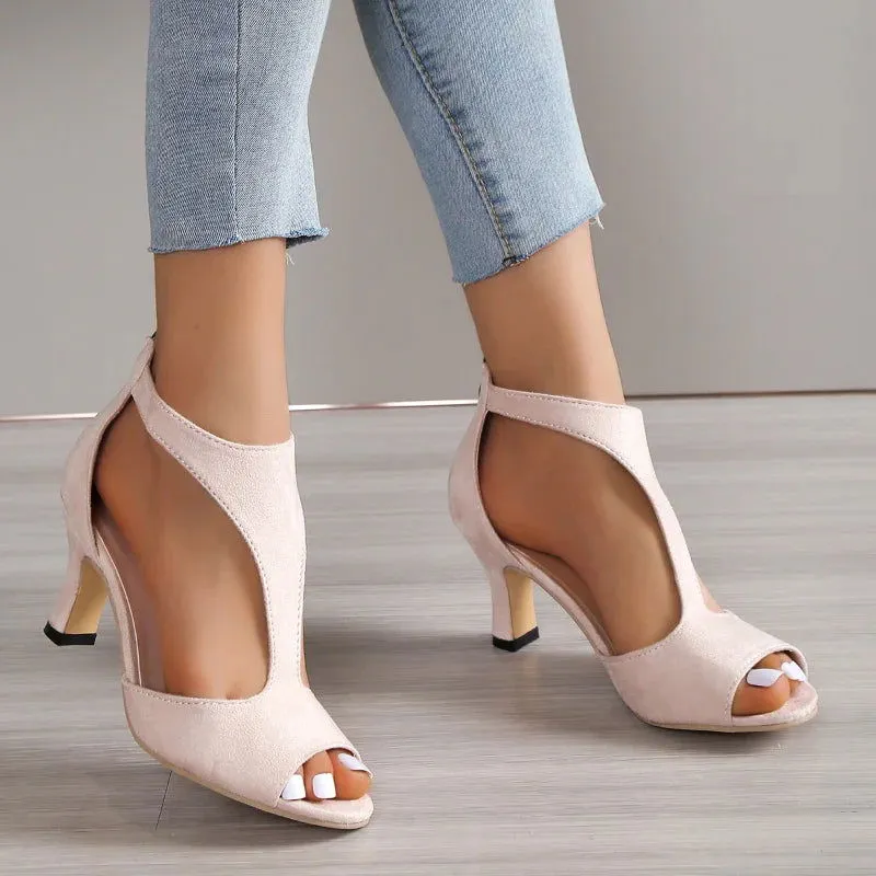Fishmouth Design Side Cut Out High Heels Leather Sandals