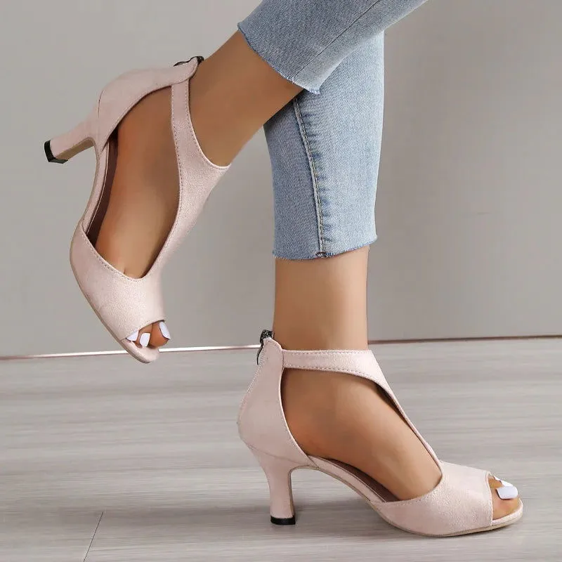 Fishmouth Design Side Cut Out High Heels Leather Sandals
