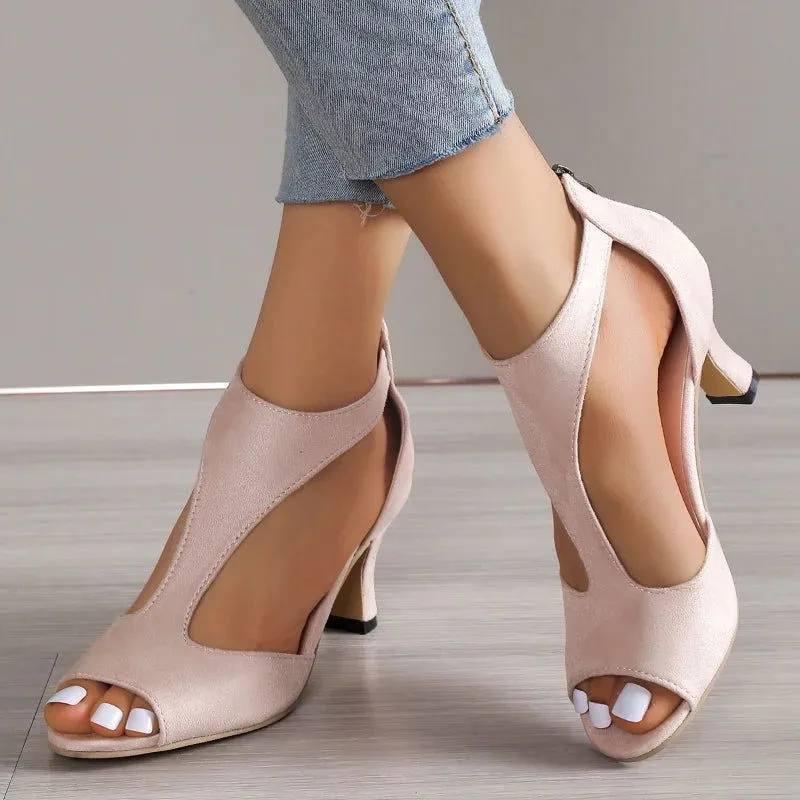 Fishmouth Design Side Cut Out High Heels Leather Sandals