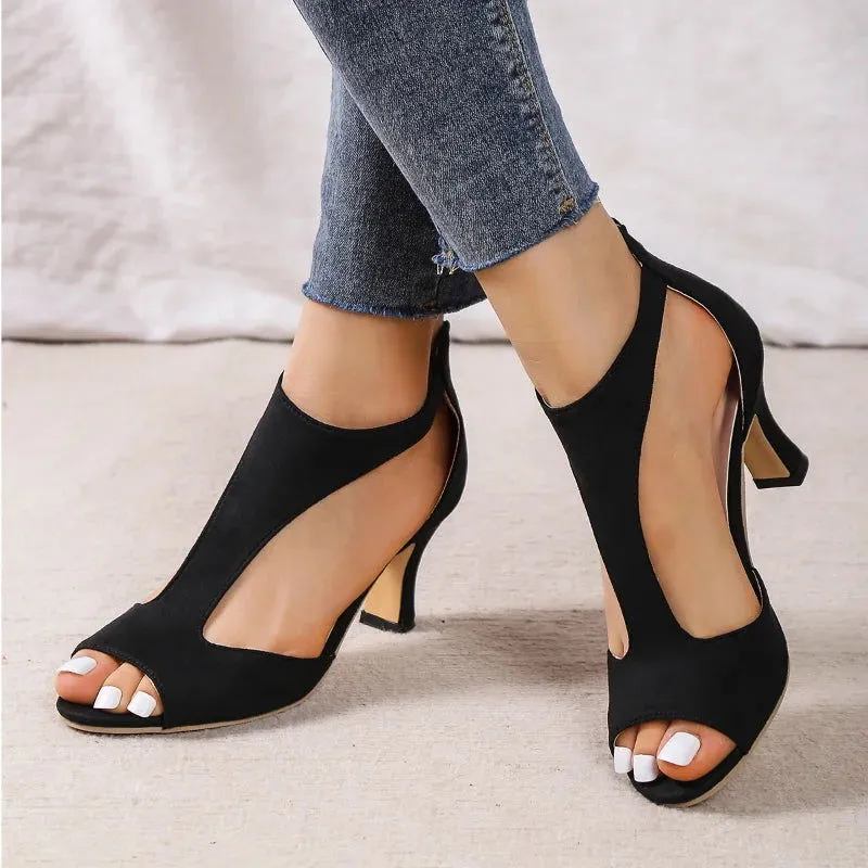 Fishmouth Design Side Cut Out High Heels Leather Sandals