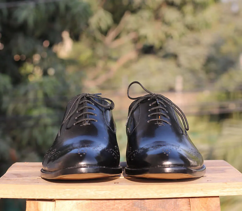Handmade Men's Black Brogue Leather Stylish Shoes, Men Lace Up Black Dress Shoes
