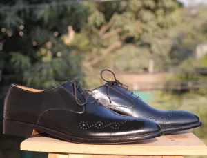 Handmade Men's Black Brogue Leather Stylish Shoes, Men Lace Up Black Dress Shoes