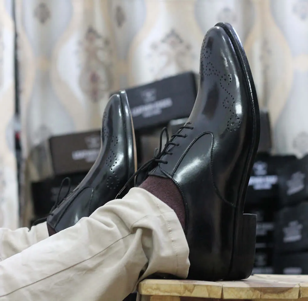 Handmade Men's Black Brogue Leather Stylish Shoes, Men Lace Up Black Dress Shoes