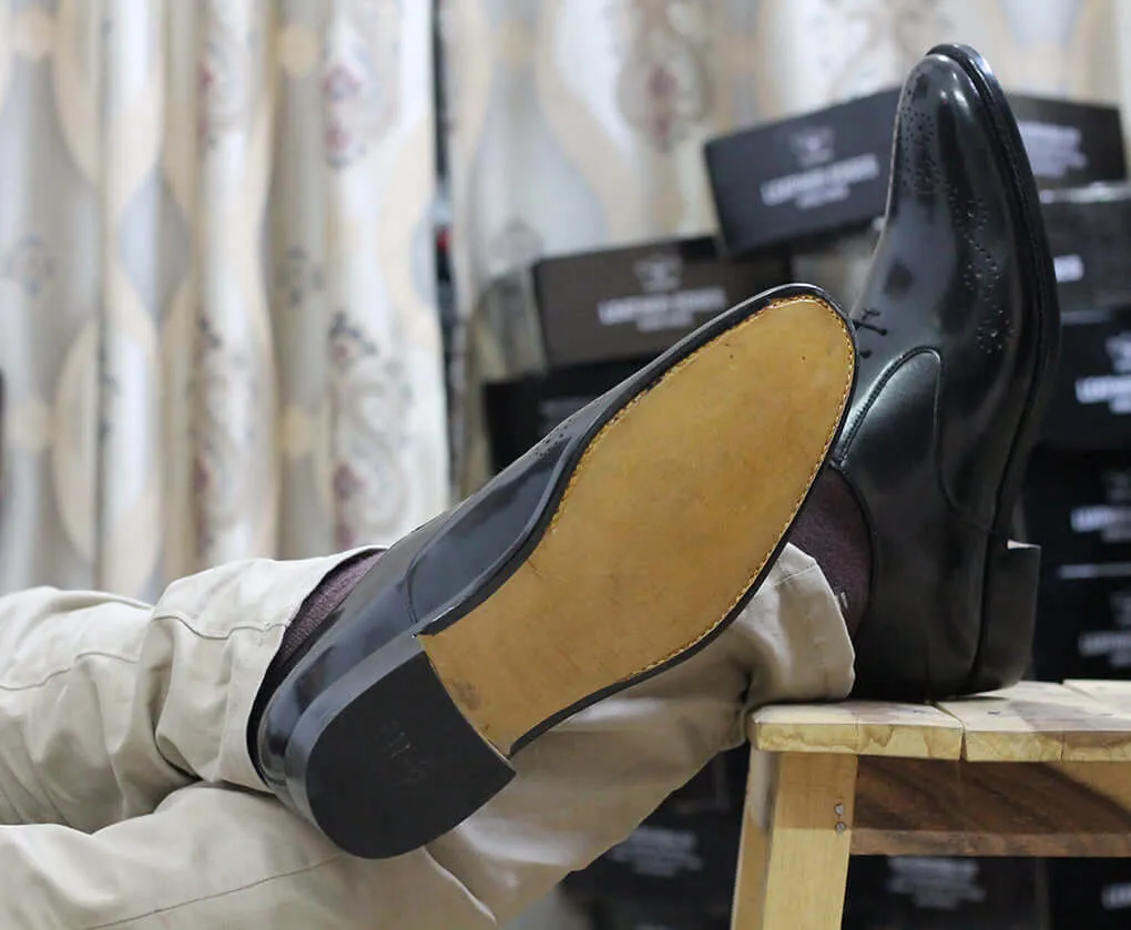 Handmade Men's Black Brogue Leather Stylish Shoes, Men Lace Up Black Dress Shoes