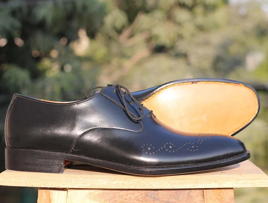 Handmade Men's Black Brogue Leather Stylish Shoes, Men Lace Up Black Dress Shoes