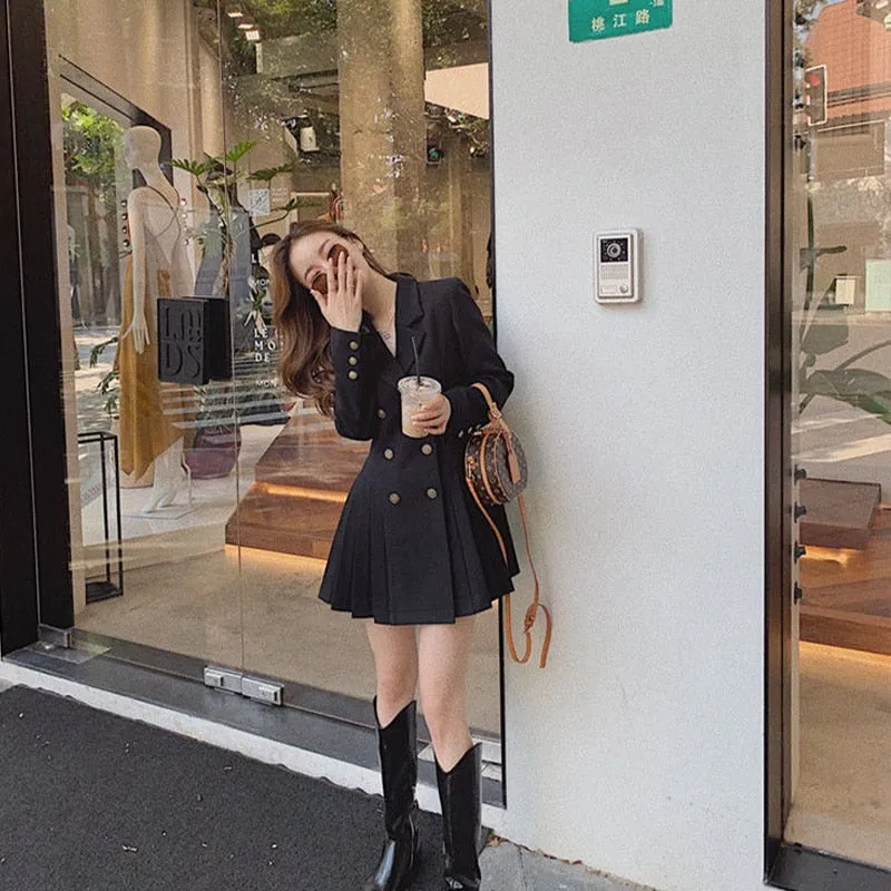 Joskaa Black Friday Sales Blazer Dress Women Elegant Black Party Dress Korean One Piece Oversize Long Sleeve Double Breasted Office Dress Autumn New