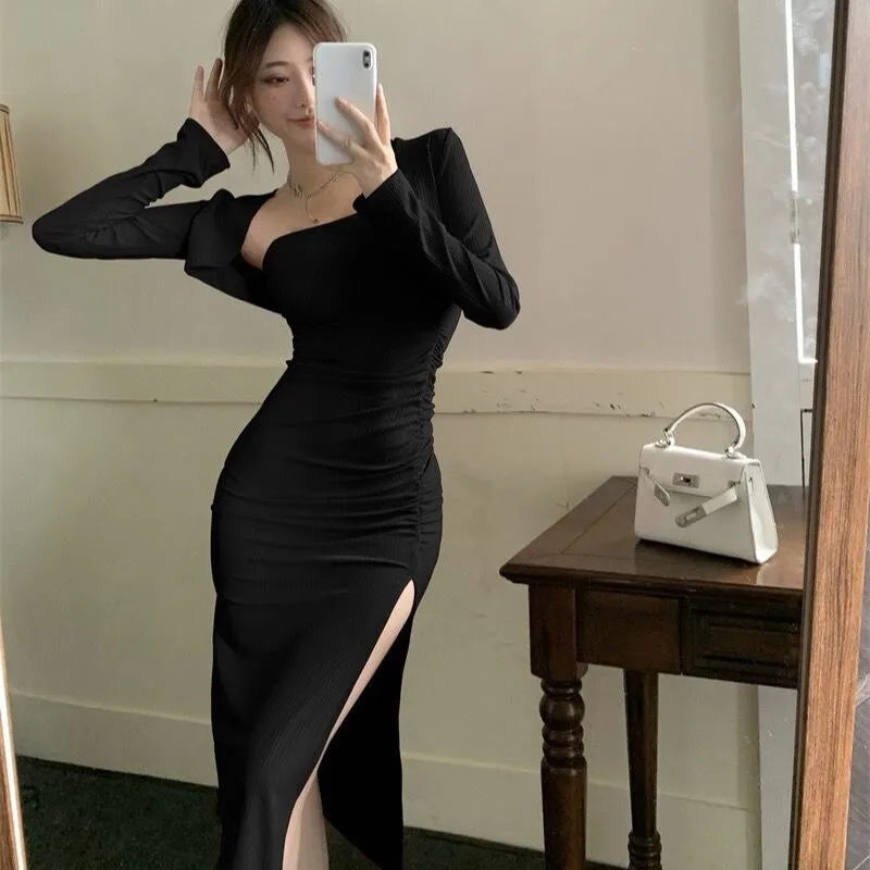 Joskaa Korean Fashion Split Dress Autumn Bodycon Elegant Evening Party Midi Dresses France Black Casual Clothing Winter Fall Outfits 2024