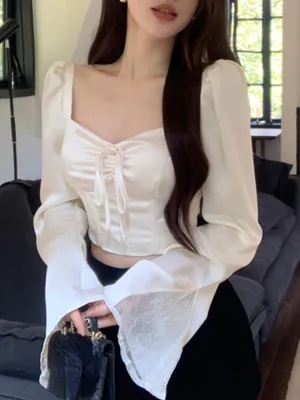 Joskaa Patchwork Lace French Elegant Blouse Women Flare Sleeve Korean Sweet Shirts Female Bandage Designer Casual Clothes Fall Outfits 2024