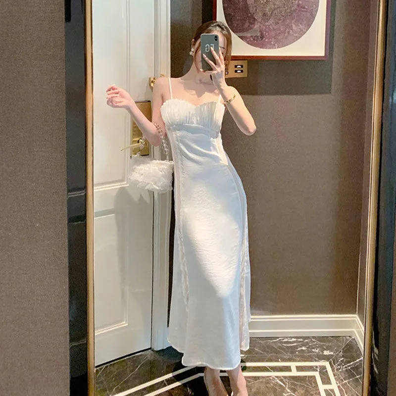 Joskaa Summer Strap Dress Women Elegant Casual White Fairy Slim Patchwork Backless Dress Female Holiday Party Midi Dress 2024 New