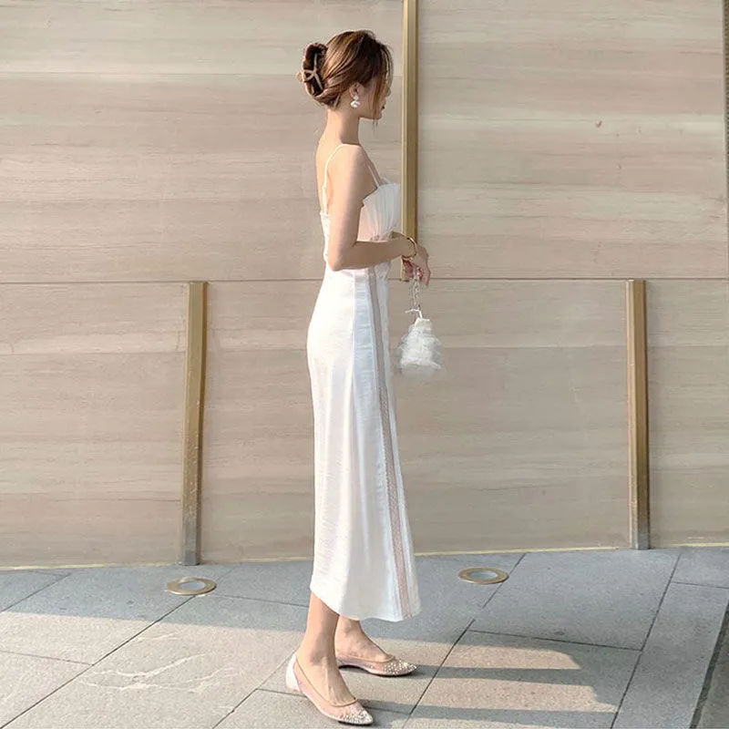 Joskaa Summer Strap Dress Women Elegant Casual White Fairy Slim Patchwork Backless Dress Female Holiday Party Midi Dress 2024 New