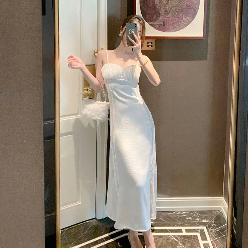 Joskaa Summer Strap Dress Women Elegant Casual White Fairy Slim Patchwork Backless Dress Female Holiday Party Midi Dress 2024 New