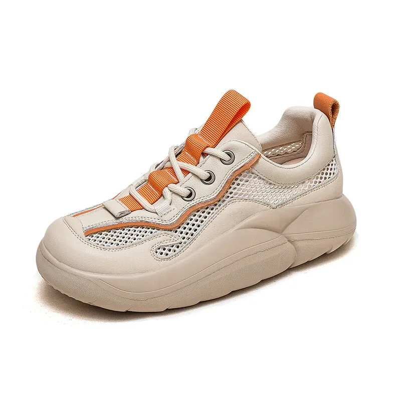 Leather and Mesh Low-top Sneakers for Women Lace up in Green/Orange