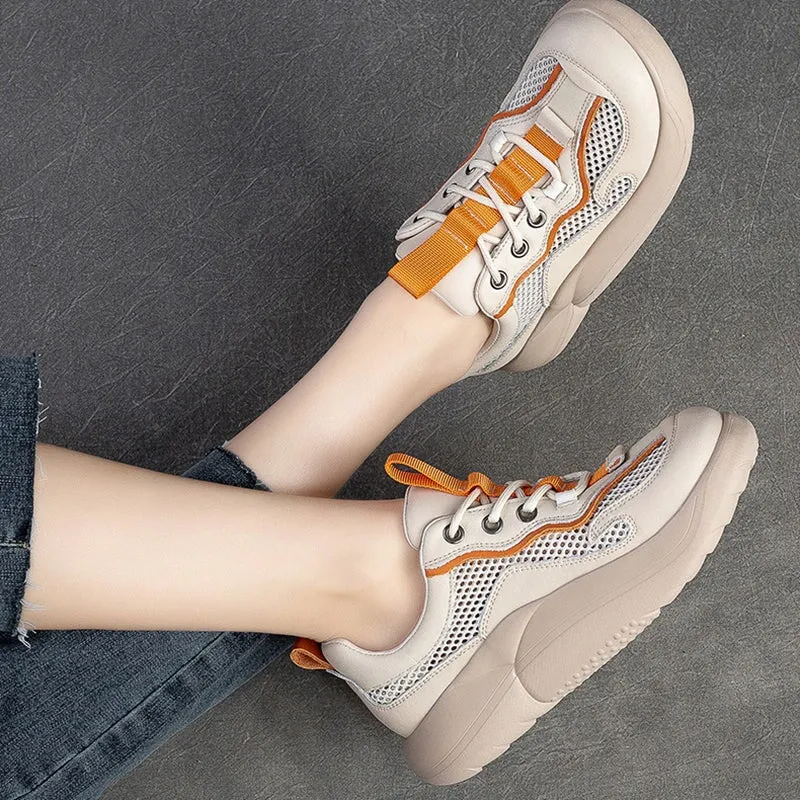Leather and Mesh Low-top Sneakers for Women Lace up in Green/Orange