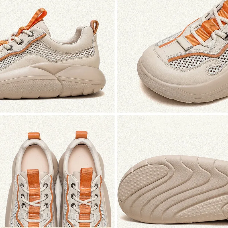 Leather and Mesh Low-top Sneakers for Women Lace up in Green/Orange