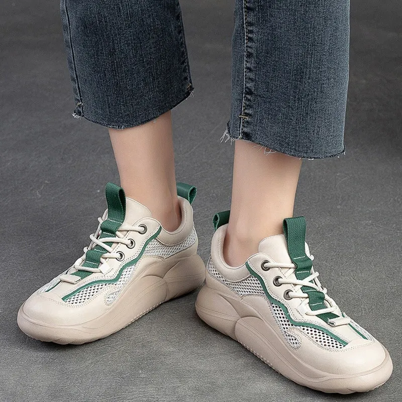 Leather and Mesh Low-top Sneakers for Women Lace up in Green/Orange