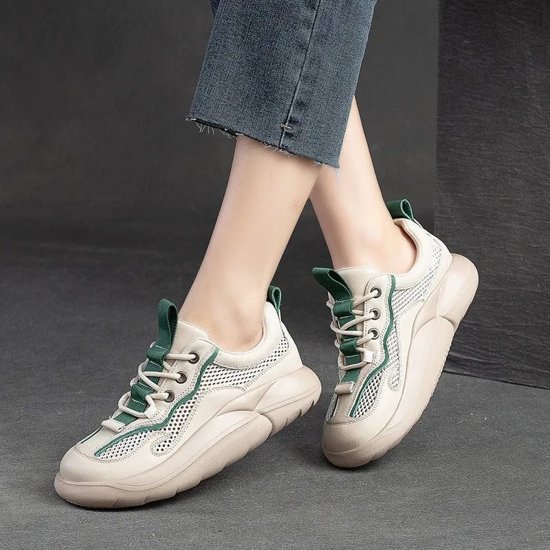 Leather and Mesh Low-top Sneakers for Women Lace up in Green/Orange