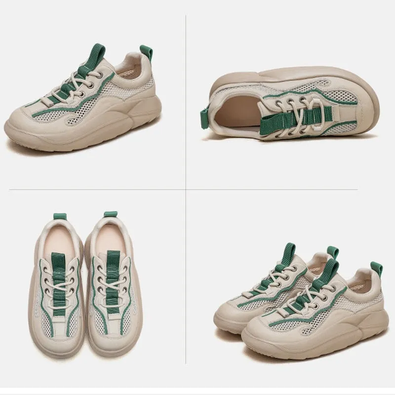 Leather and Mesh Low-top Sneakers for Women Lace up in Green/Orange
