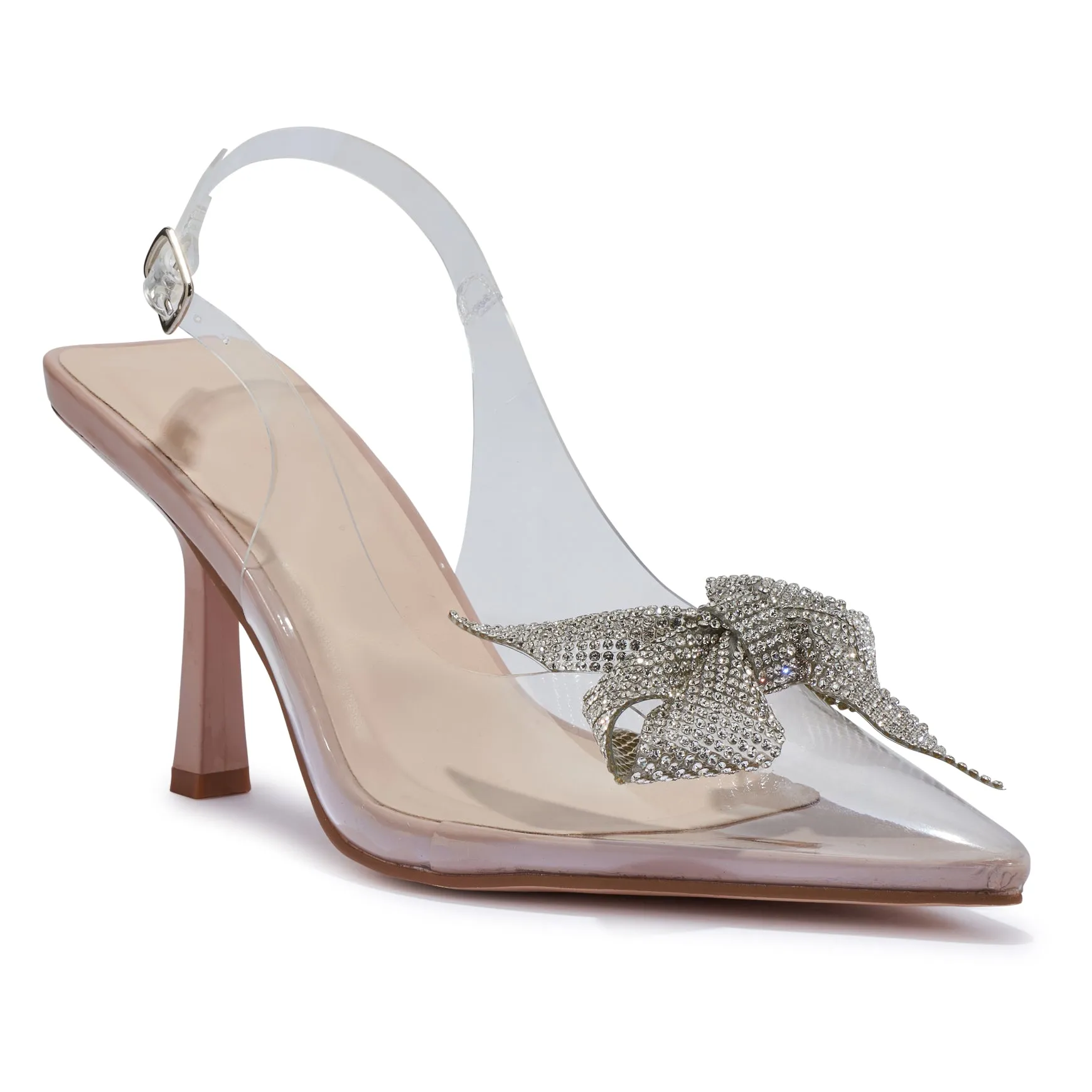LIBBY NUDE CLEAR PERSPEX SLINGBACK BOW JEWEL HEELS