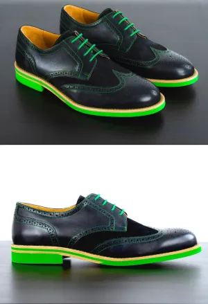 Mens Black & Green Leather Wingtip Dress Shoes