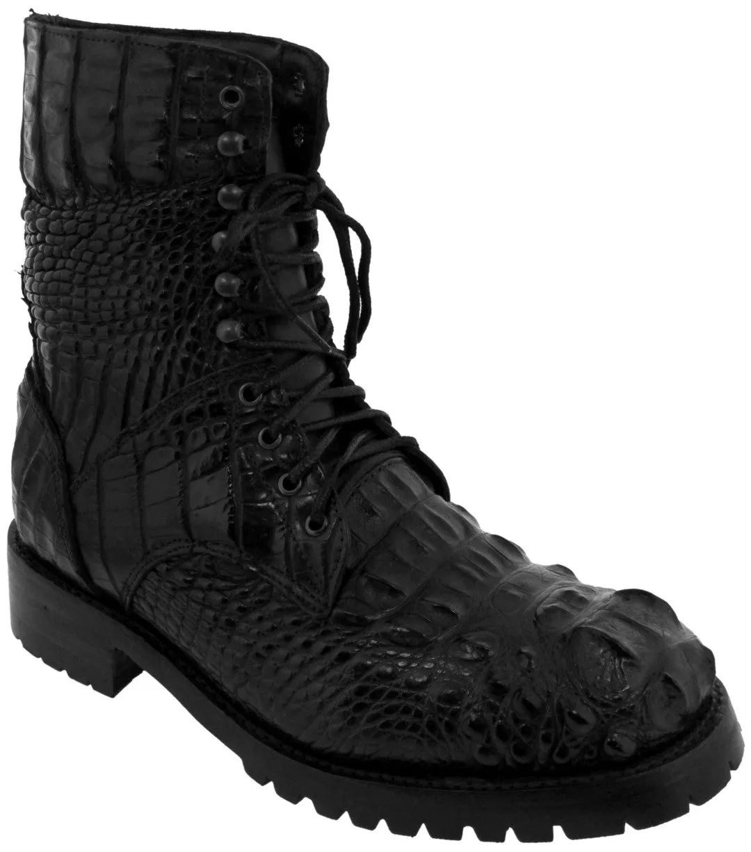 Men's Black Full Alligator Skin Leather Motorcycle Boots Round
