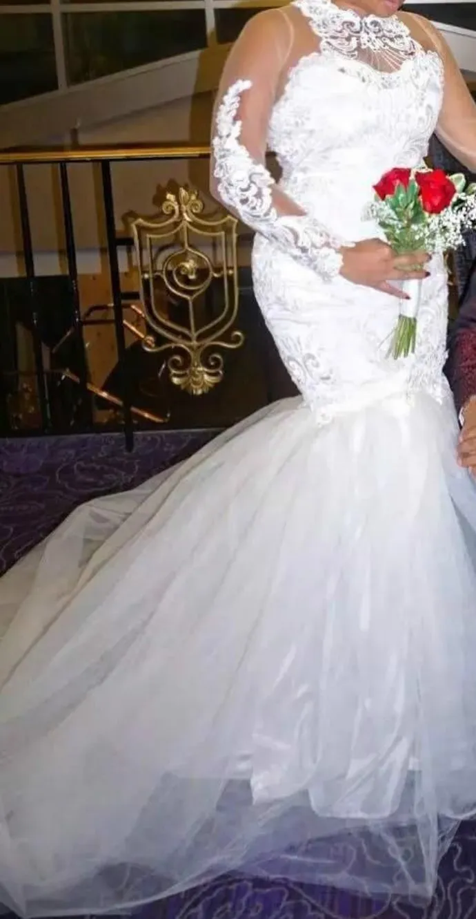 Mermaid Illusion Long Sleeve wedding gown Beaded Plus Size Bridal Gown