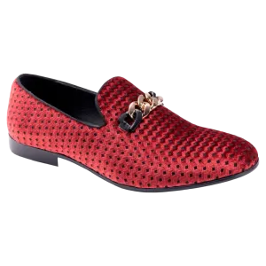 Montique Men's Red Velvet Material Slip-on Shoe Gold Chain Fashion Design