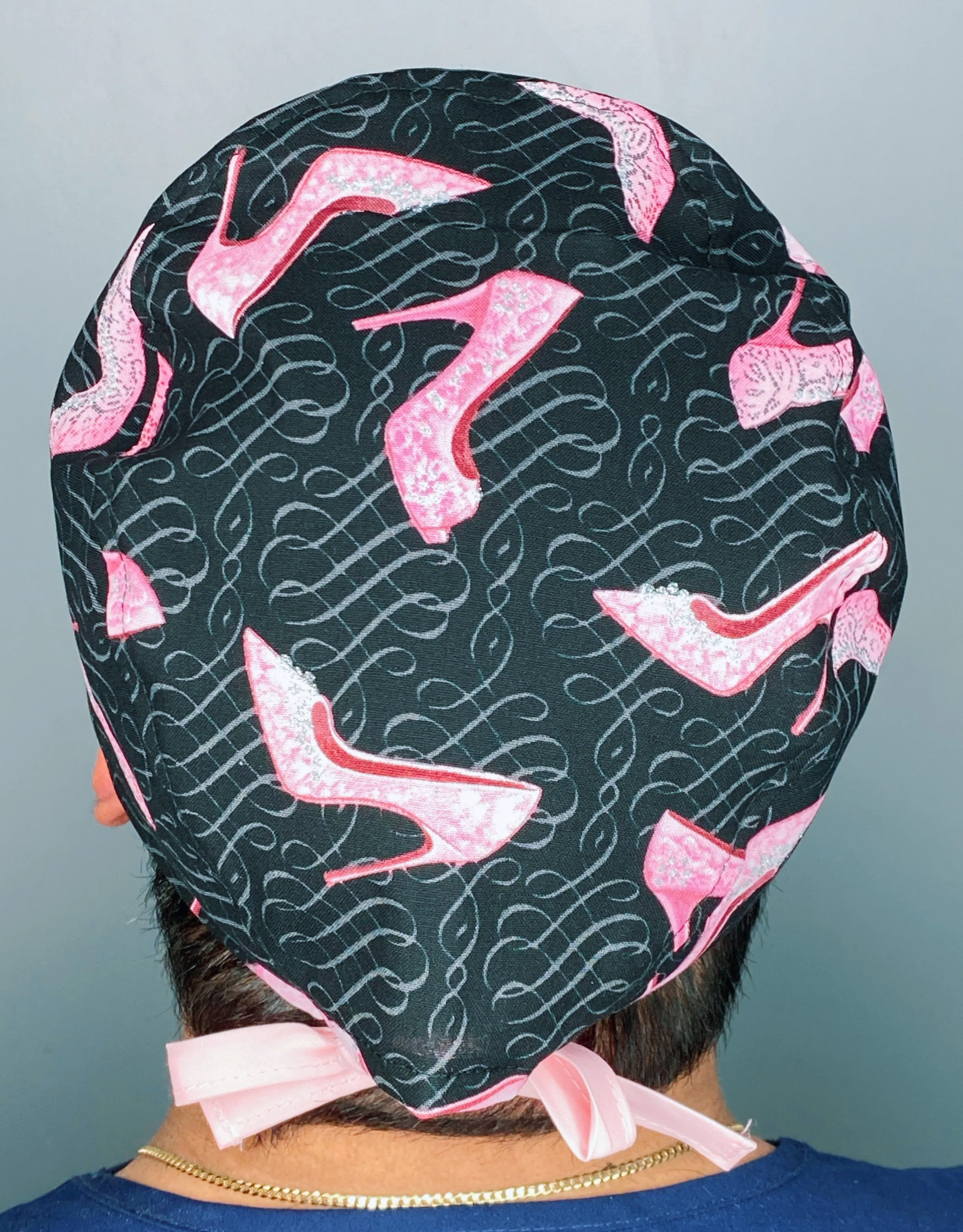 Pink Stiletto High Heels on Black Glitter Design Unisex Cute Scrub Cap