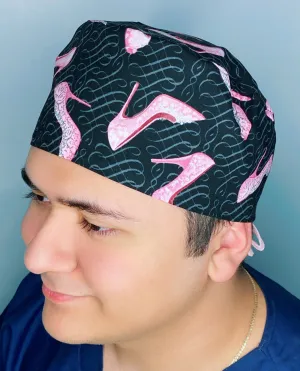 Pink Stiletto High Heels on Black Glitter Design Unisex Cute Scrub Cap