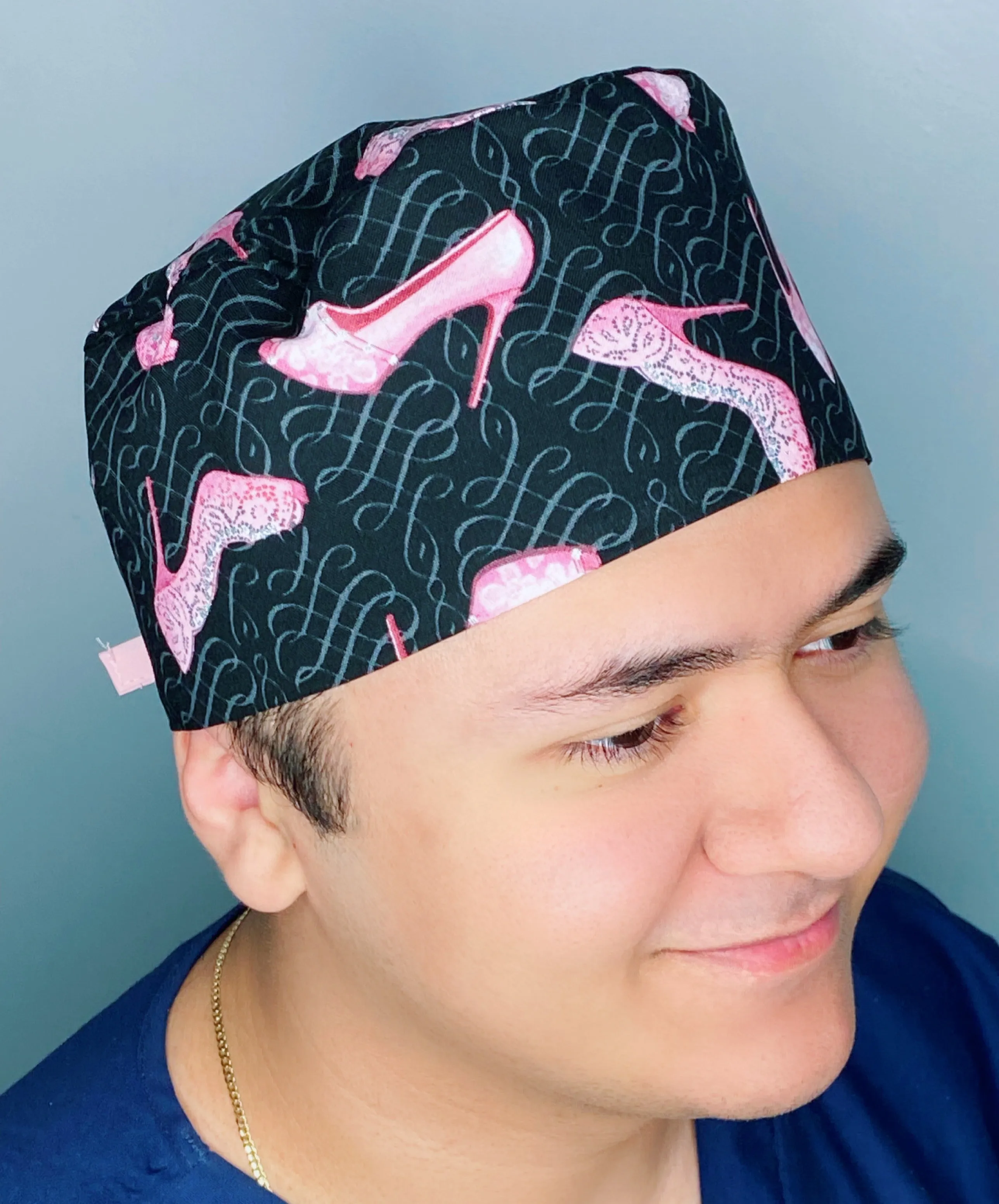 Pink Stiletto High Heels on Black Glitter Design Unisex Cute Scrub Cap