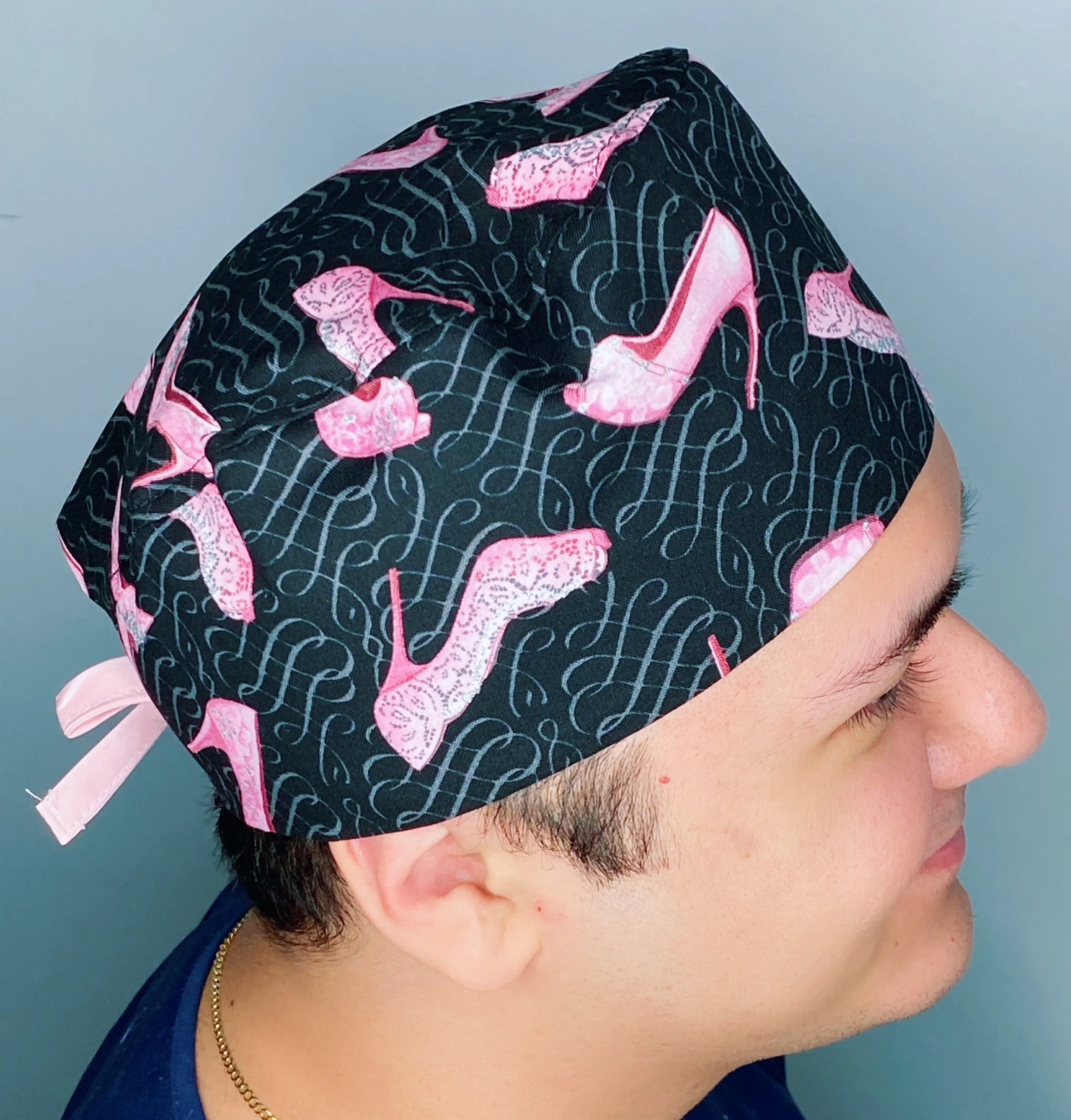 Pink Stiletto High Heels on Black Glitter Design Unisex Cute Scrub Cap