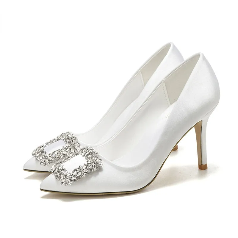 Purpdrank - Fashion Elegant Luxury Pointed Toe Stiletto Rhinestone Decoration High Heels White Bridal Shoes Dress Party Shoes Zapatos Tacon
